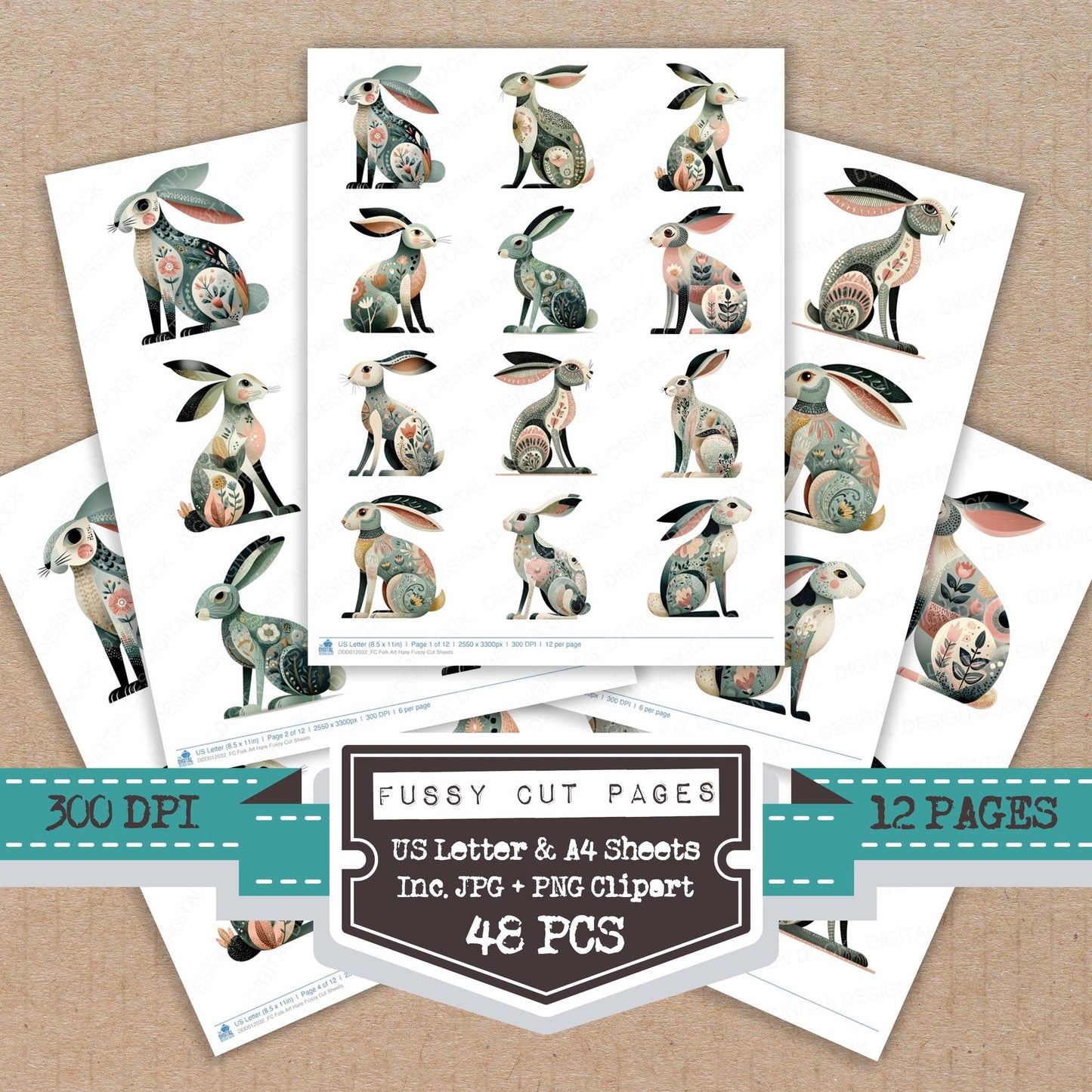 Folk Art Hare fussy cut printable sheets for junk journaling, scrapbooking, and paper craft projects