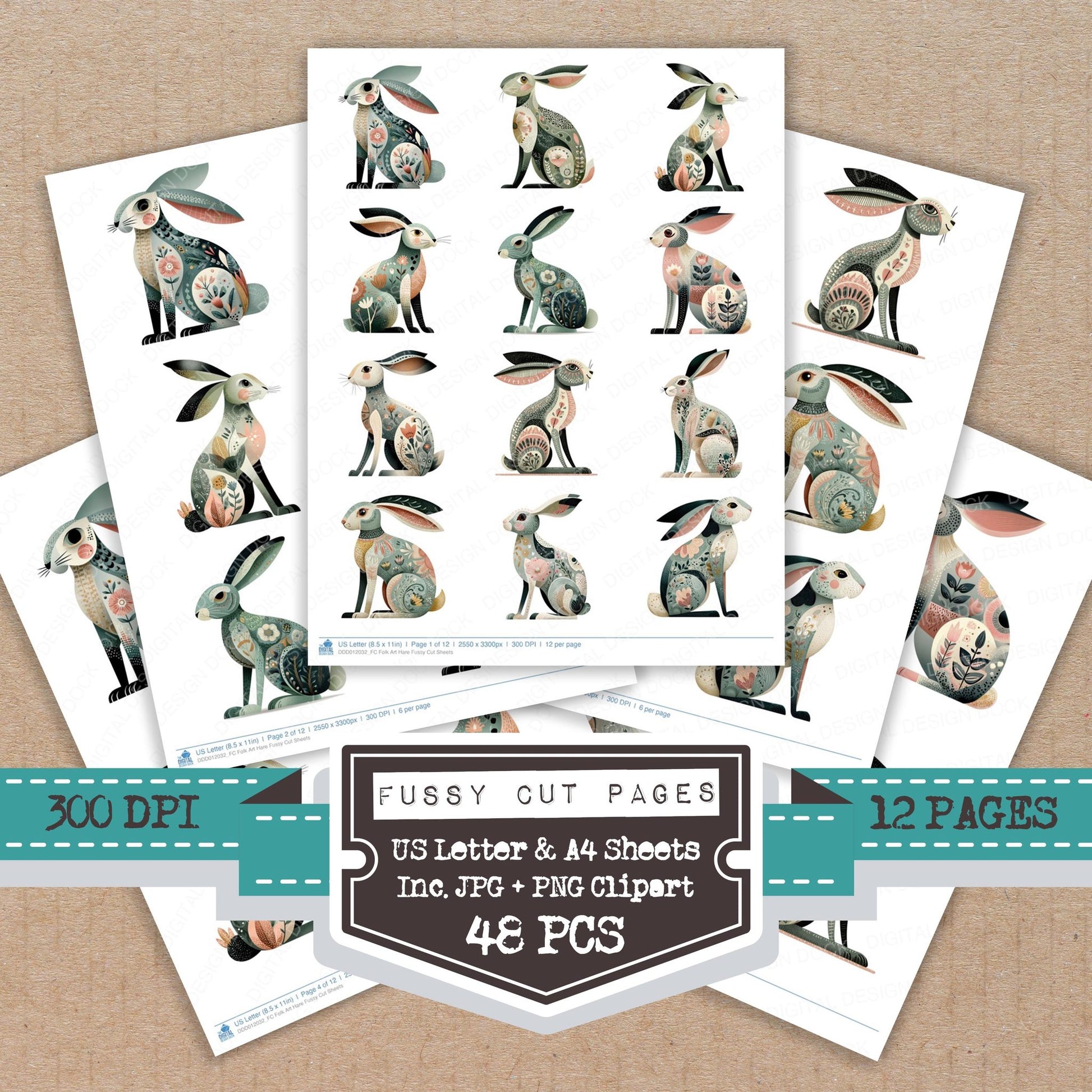 Folk Art Hare fussy cut printable sheets for junk journaling, scrapbooking, and paper craft projects