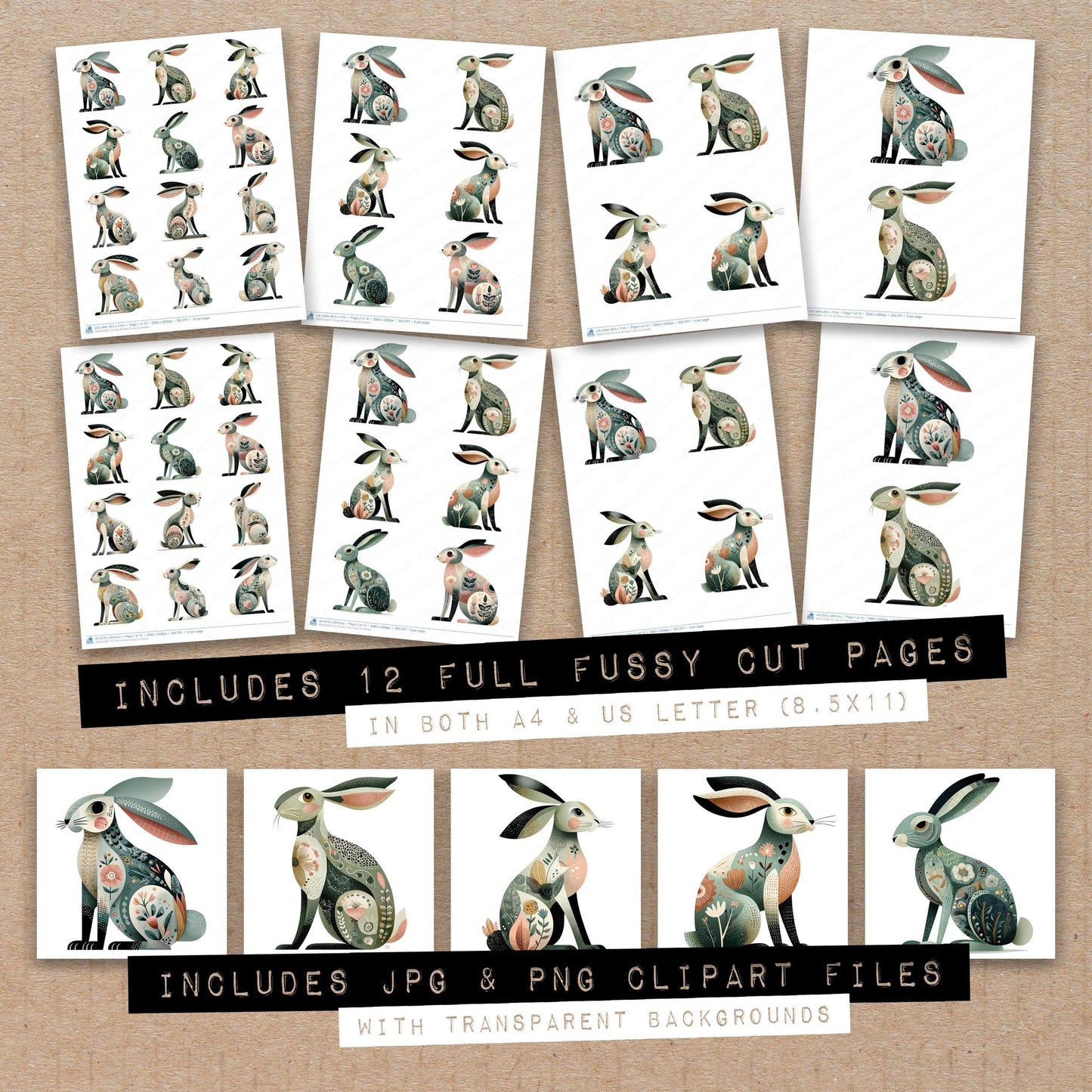 Full collection view of Folk Art Hare fussy cut sheets with bonus clipart JPG and PNG files