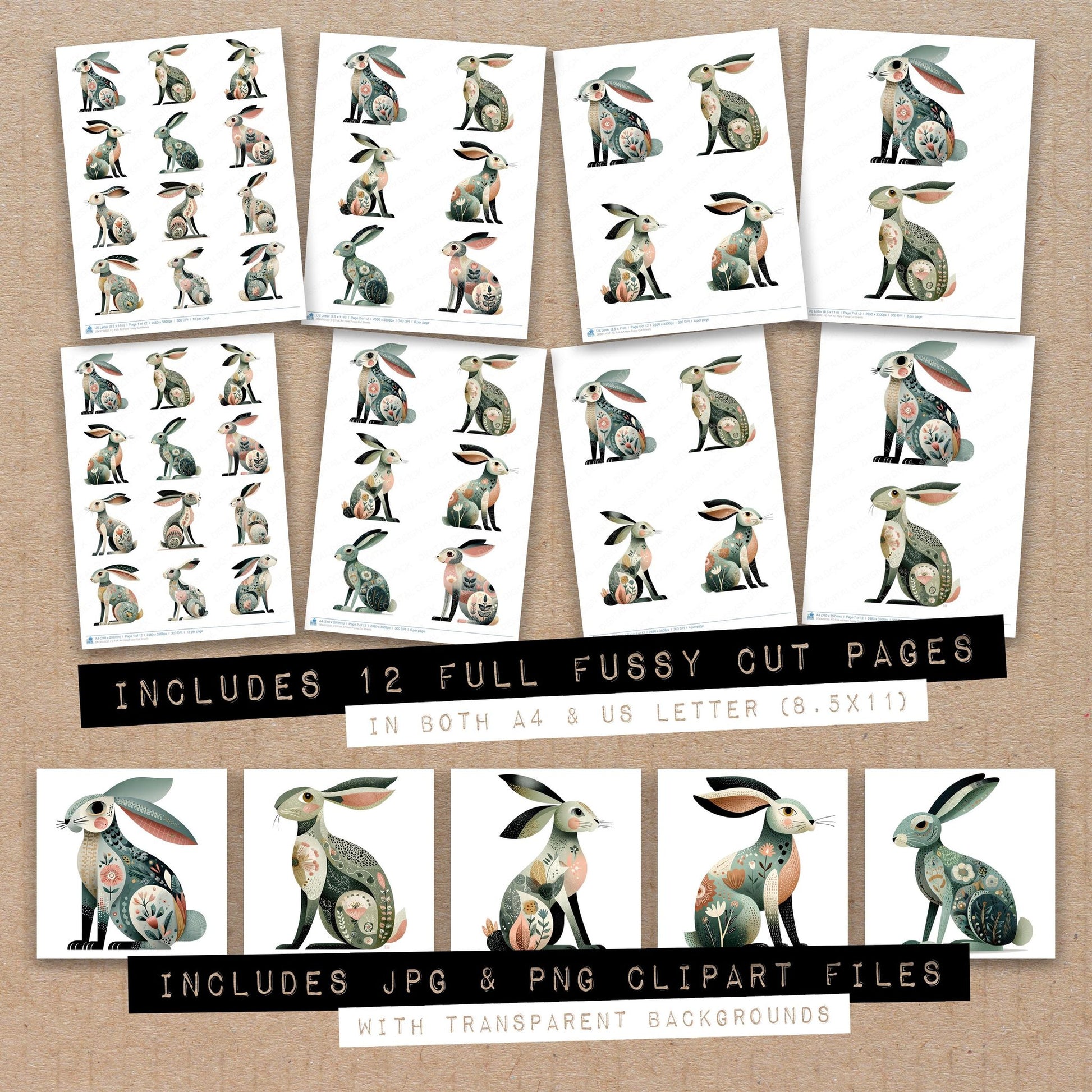 Full collection view of Folk Art Hare fussy cut sheets with bonus clipart JPG and PNG files