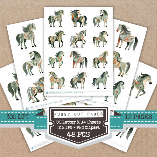 Folk Art Horse fussy cut printable sheets for junk journaling, scrapbooking, and paper craft projects