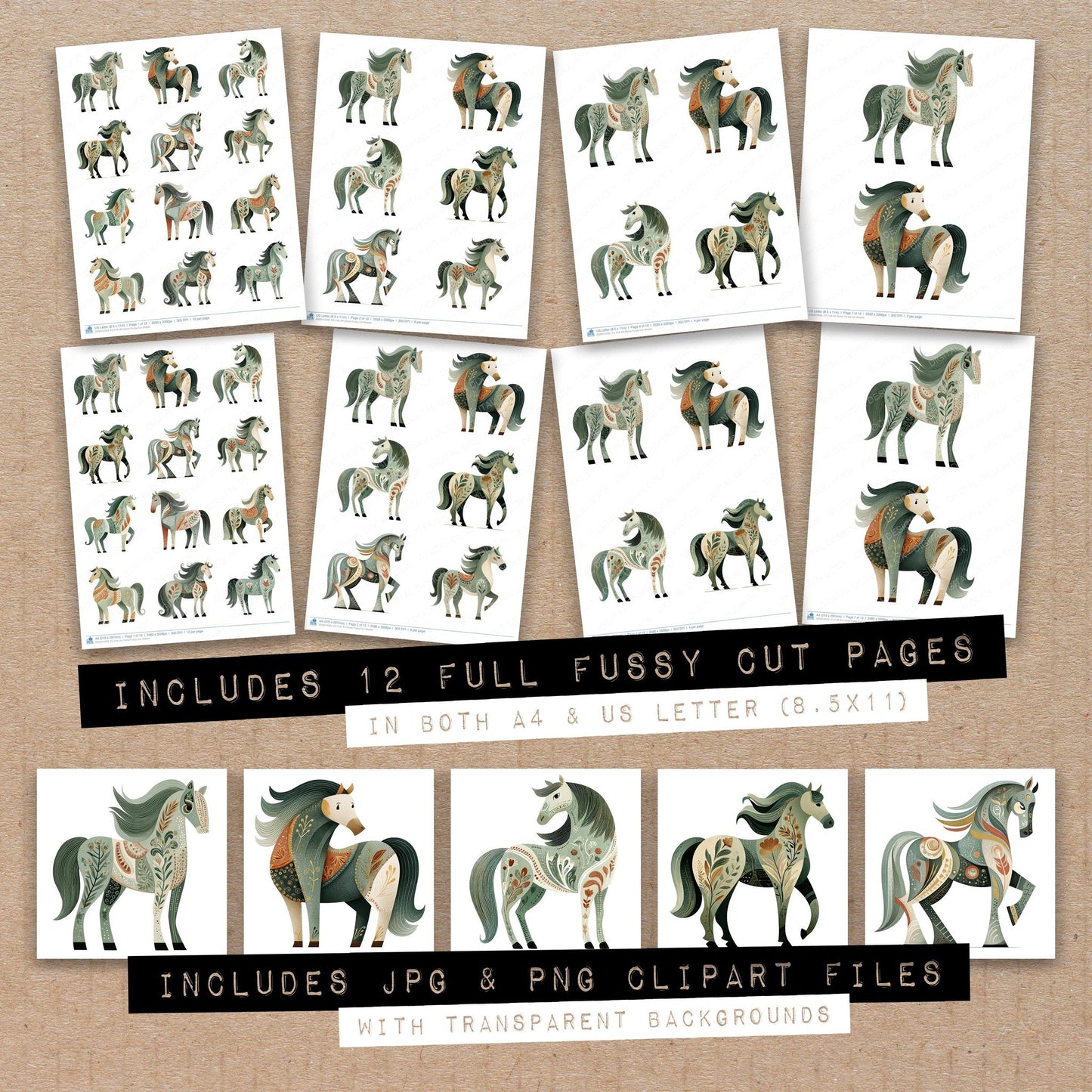 Full collection view of Folk Art Horse fussy cut sheets with bonus clipart JPG and PNG files