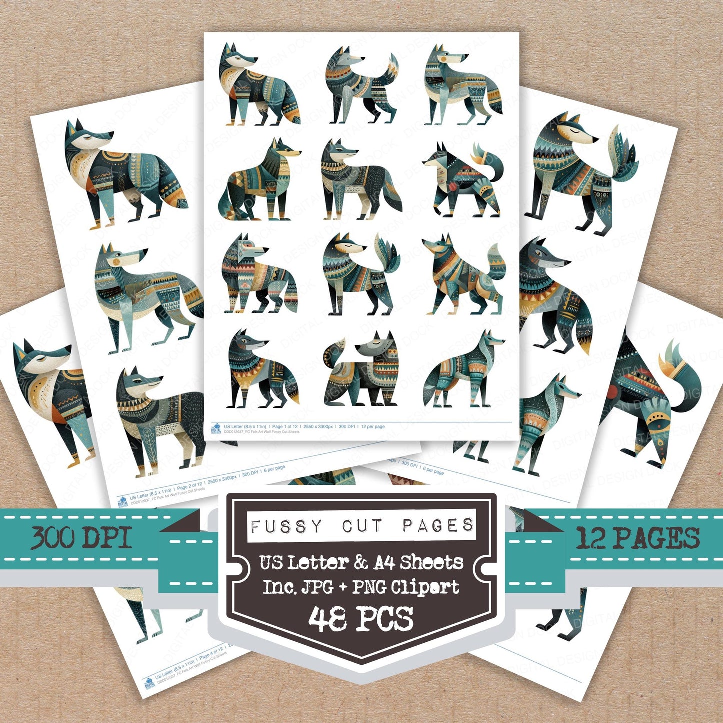 Folk Art Wolf fussy cut printable sheets for junk journaling, scrapbooking, and paper craft projects
