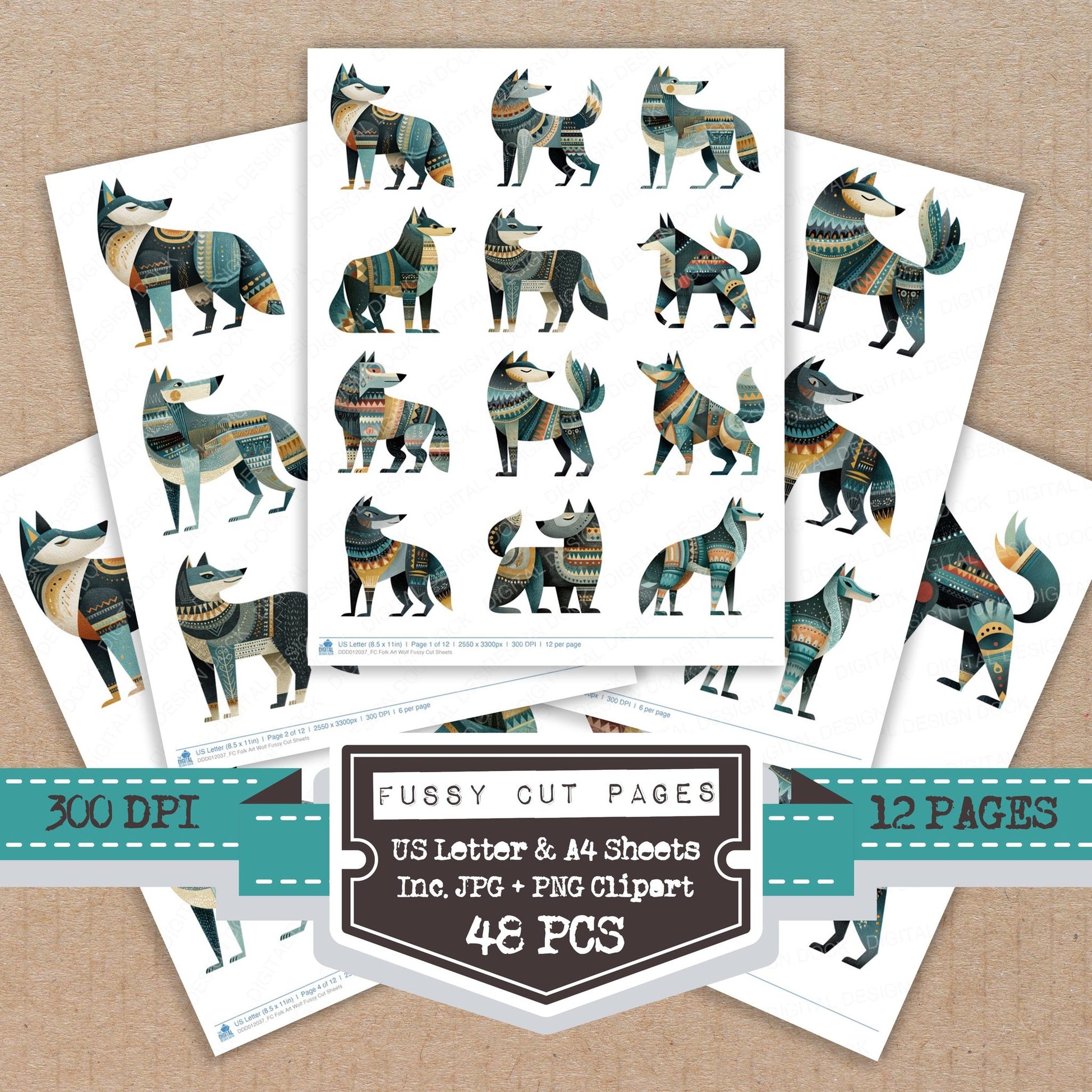 Folk Art Wolf fussy cut printable sheets for junk journaling, scrapbooking, and paper craft projects