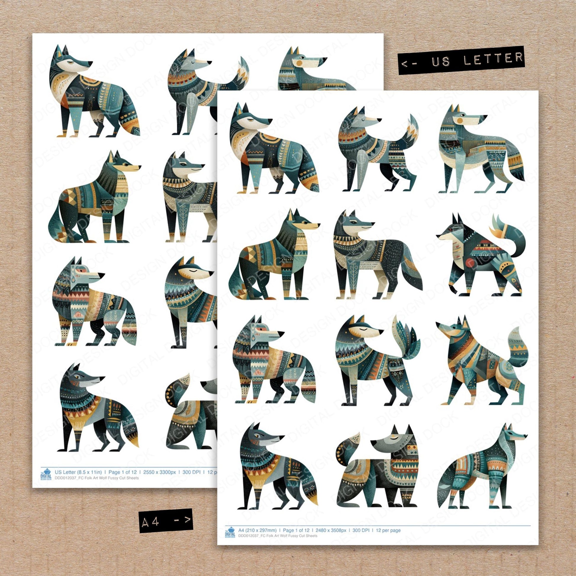 A4 and US Letter format comparison showing Folk Art Wolf fussy cut pages for print and cut crafting