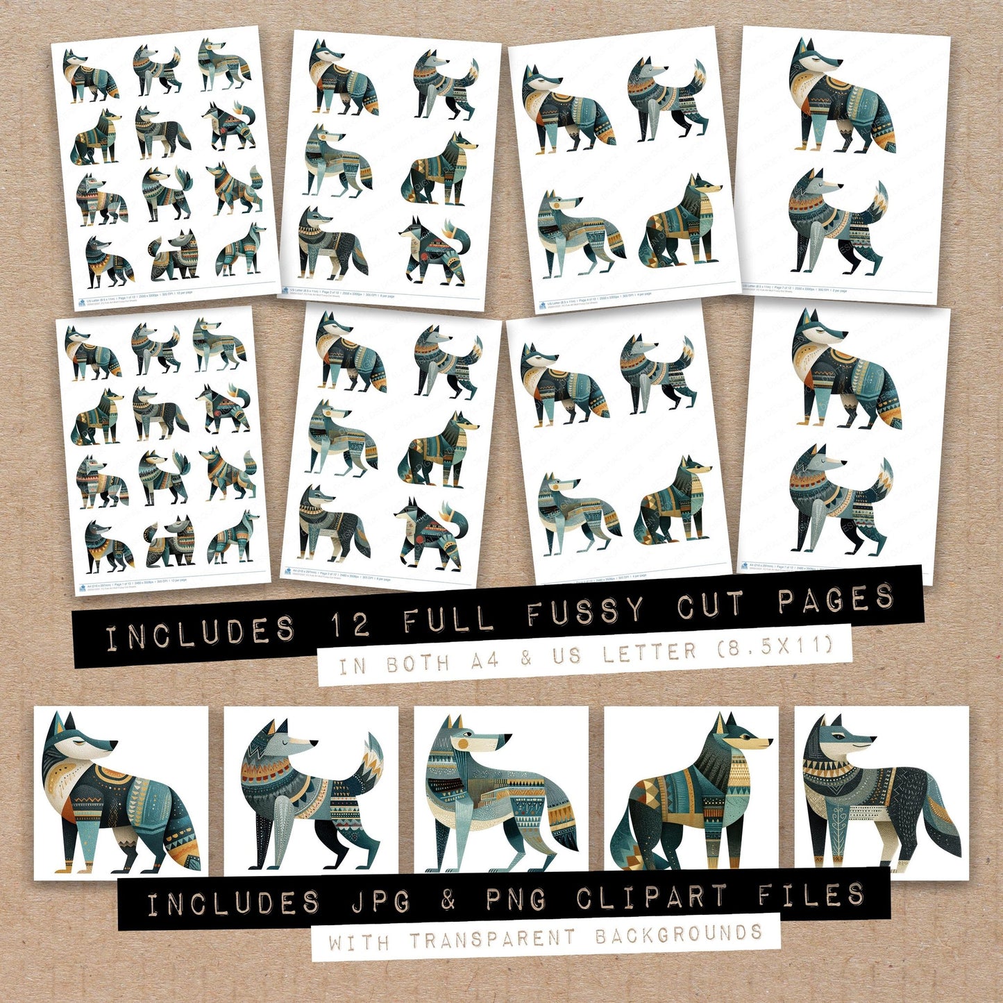 Full collection view of Folk Art Wolf fussy cut sheets with bonus clipart JPG and PNG files
