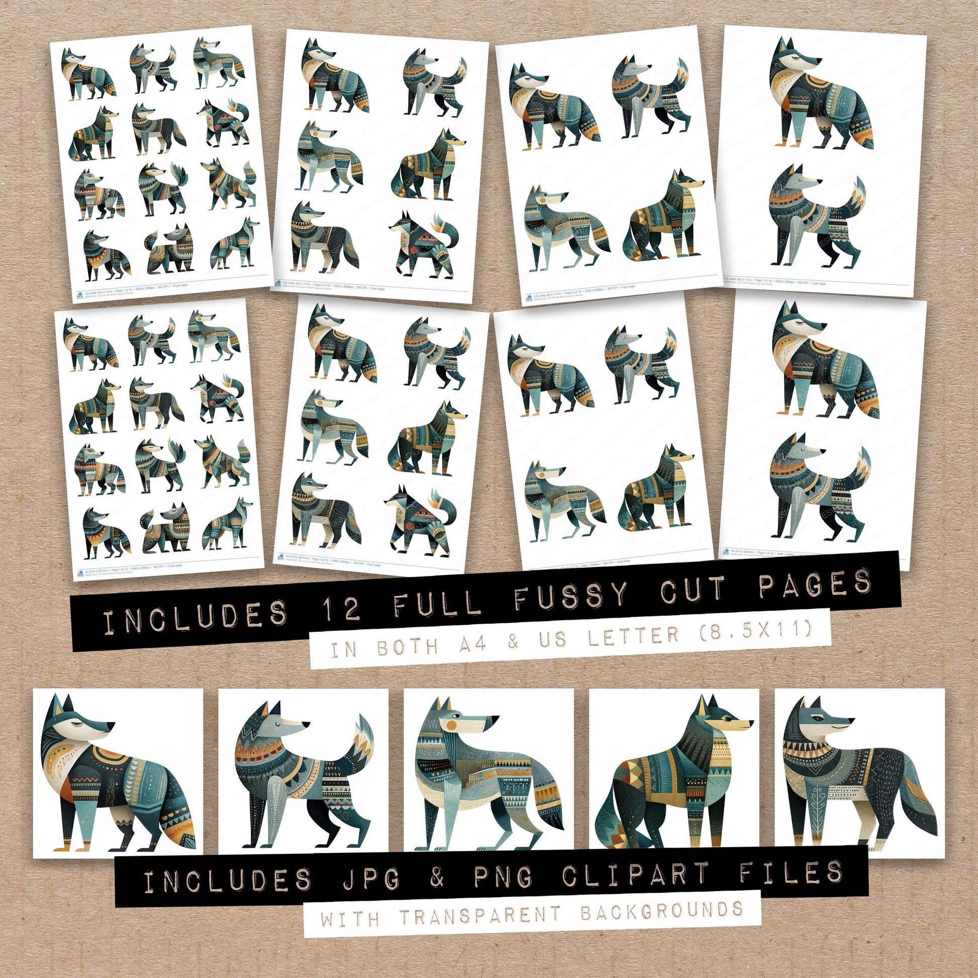 Full collection view of Folk Art Wolf fussy cut sheets with bonus clipart JPG and PNG files