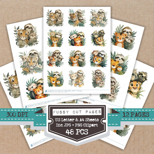 Jungle Animals Friends fussy cut printable sheets for junk journaling, scrapbooking, and paper craft projects