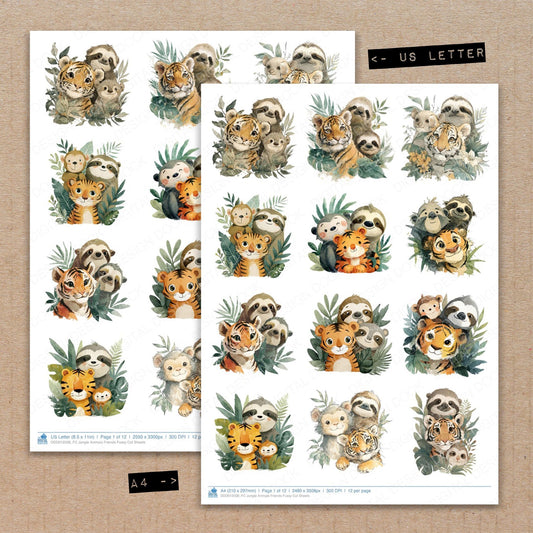 A4 and US Letter format comparison showing Jungle Animals Friends fussy cut pages for print and cut crafting