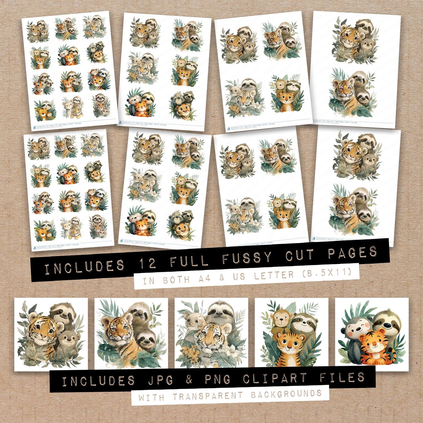 Full collection view of Jungle Animals Friends fussy cut sheets with bonus clipart JPG and PNG files