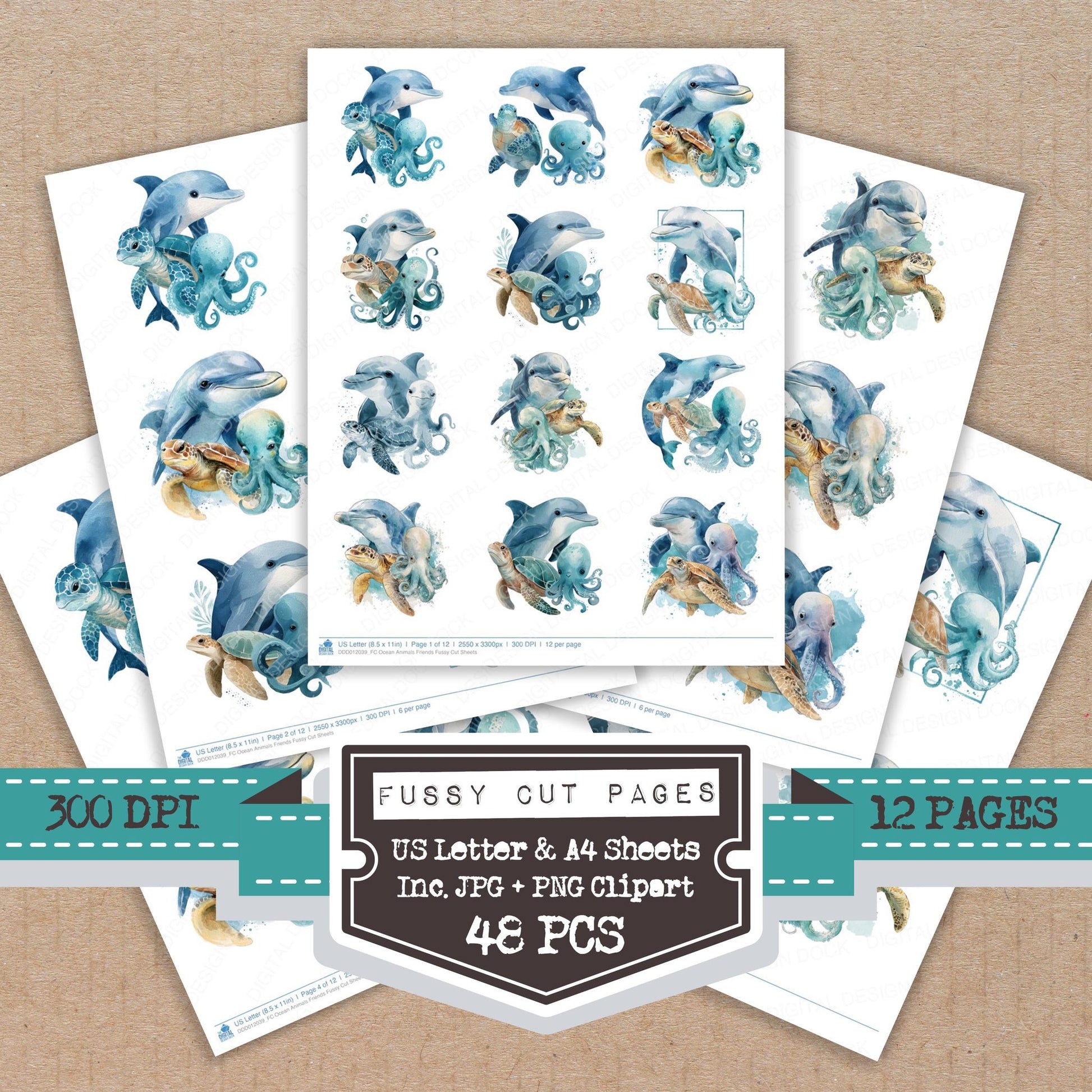 Ocean Animals Friends fussy cut printable sheets for junk journaling, scrapbooking, and paper craft projects