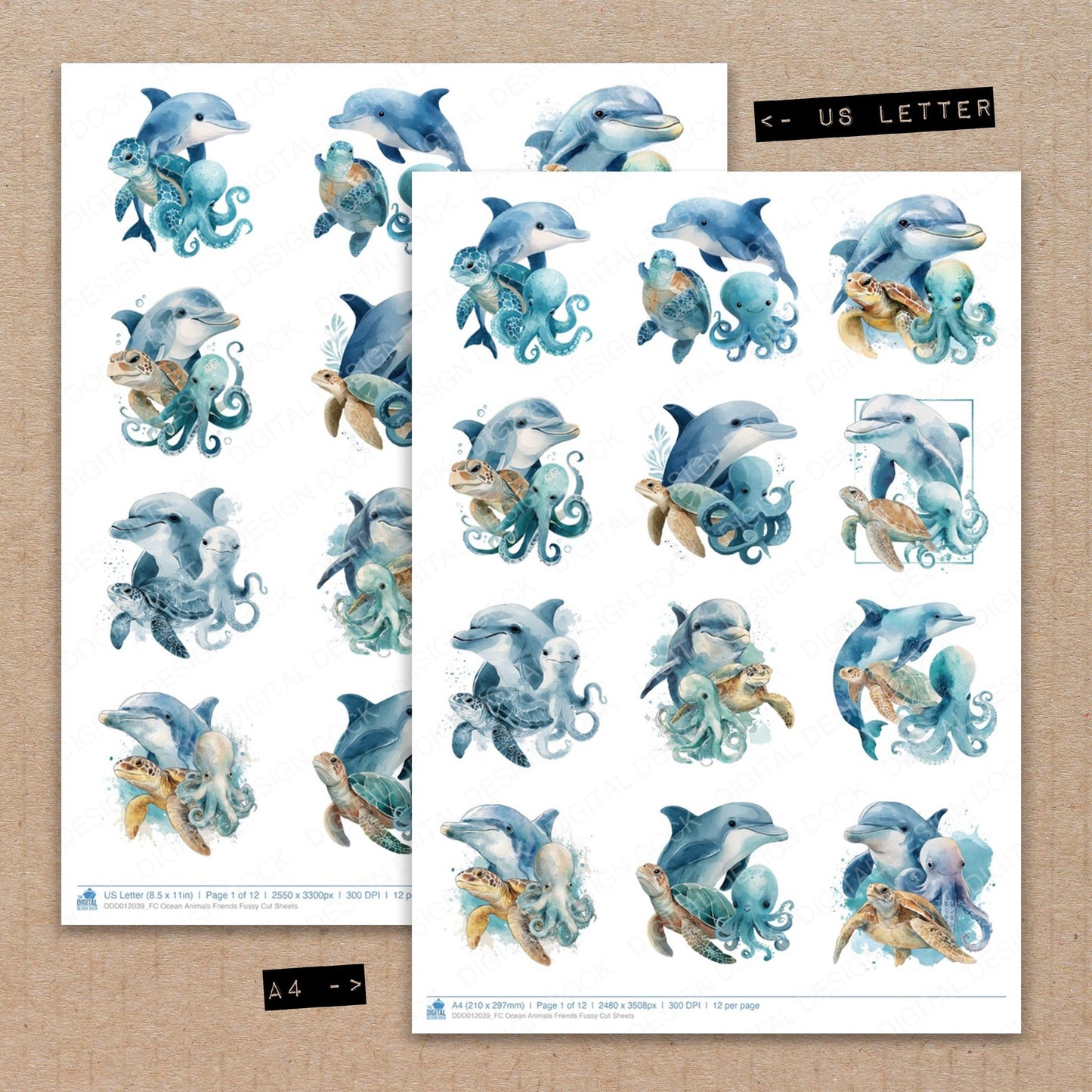 A4 and US Letter format comparison showing Ocean Animals Friends fussy cut pages for print and cut crafting