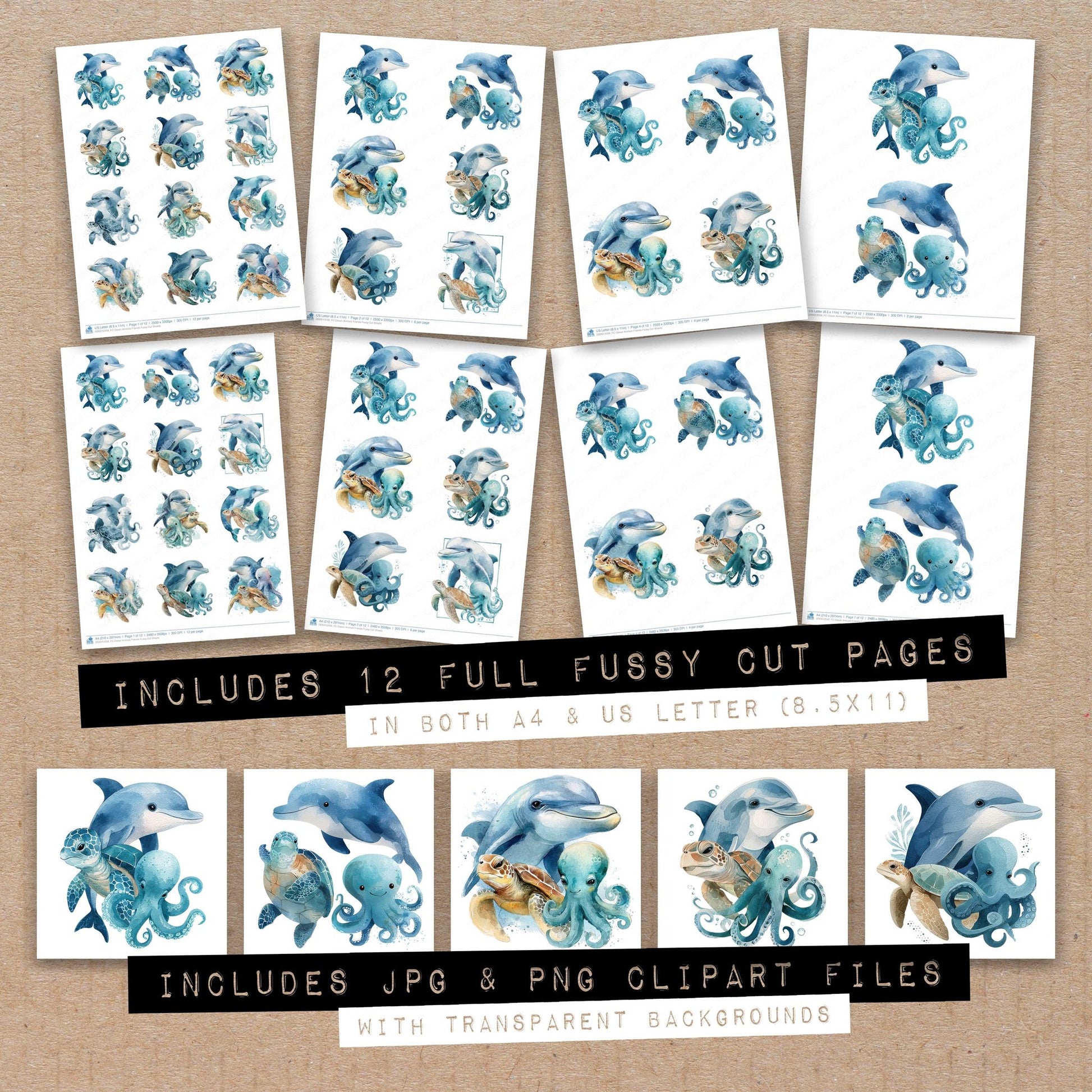 Full collection view of Ocean Animals Friends fussy cut sheets with bonus clipart JPG and PNG files