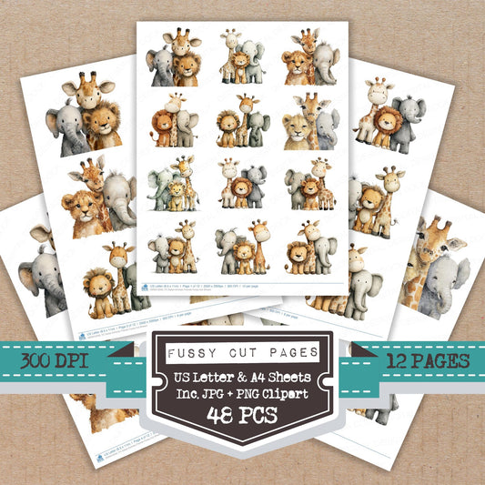 Safari Animals Friends fussy cut printable sheets for junk journaling, scrapbooking, and paper craft projects
