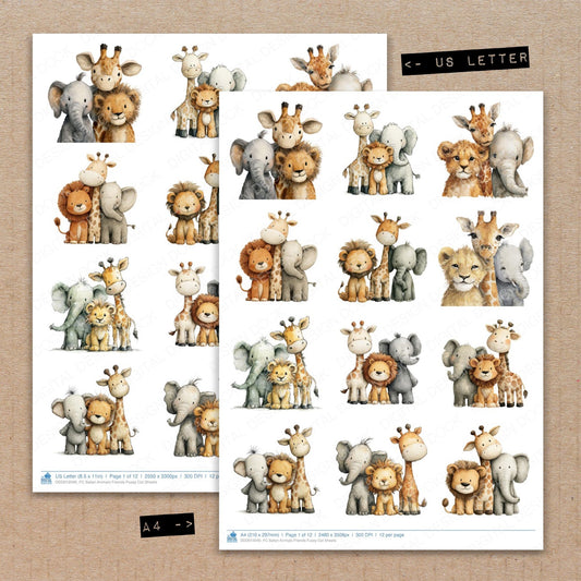 A4 and US Letter format comparison showing Safari Animals Friends fussy cut pages for print and cut crafting