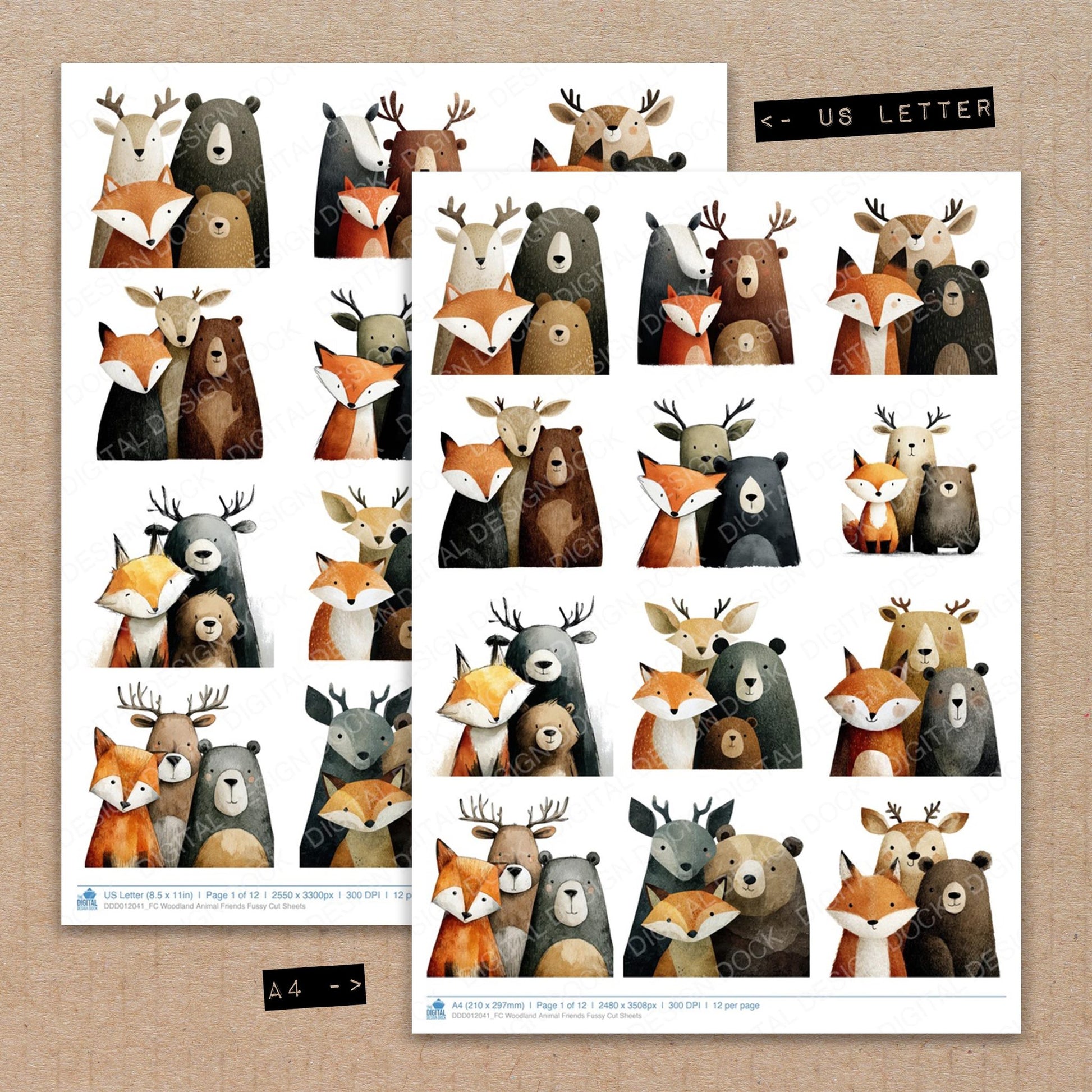 A4 and US Letter format comparison showing Woodland Animal Friends fussy cut pages for print and cut crafting