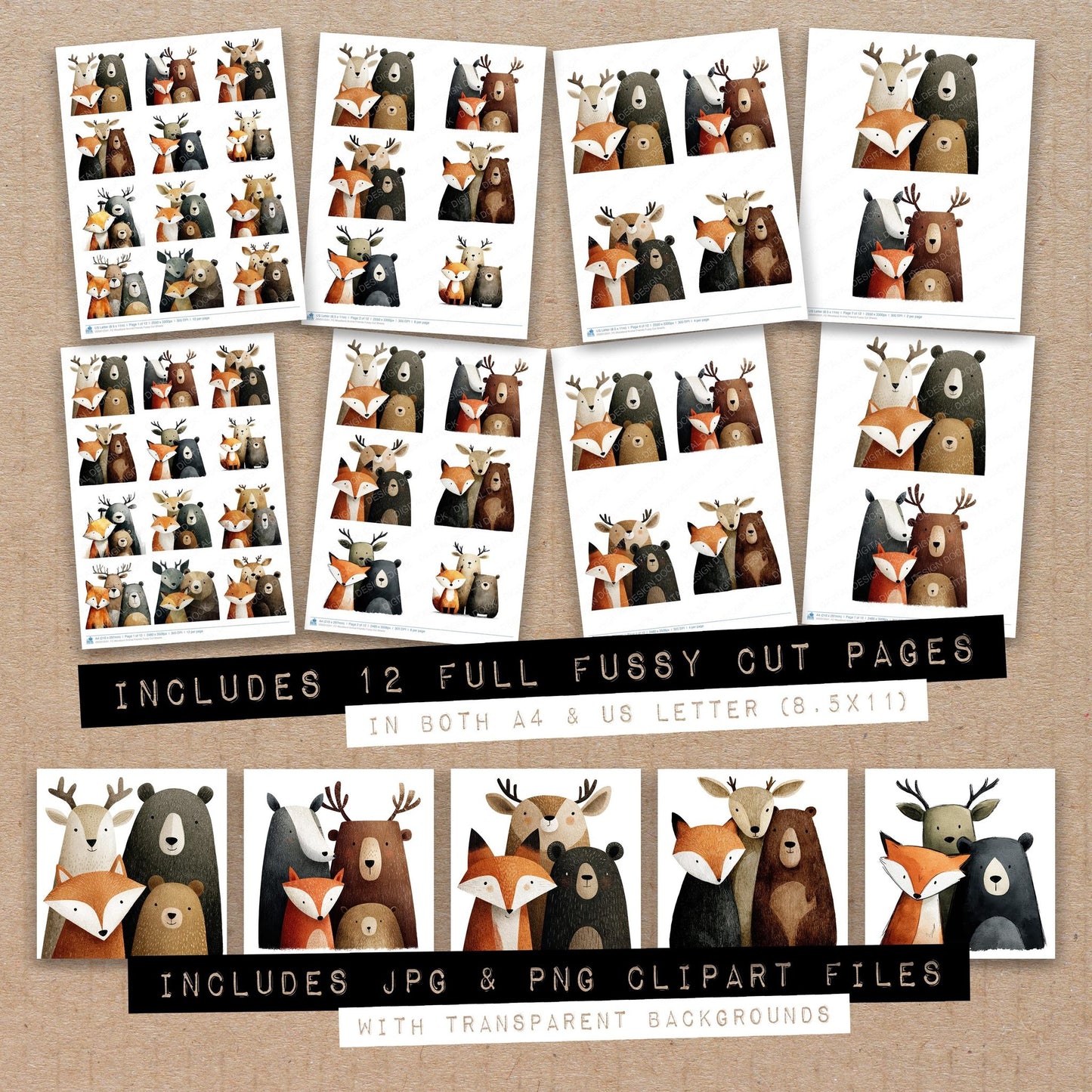 Full collection view of Woodland Animal Friends fussy cut sheets with bonus clipart JPG and PNG files