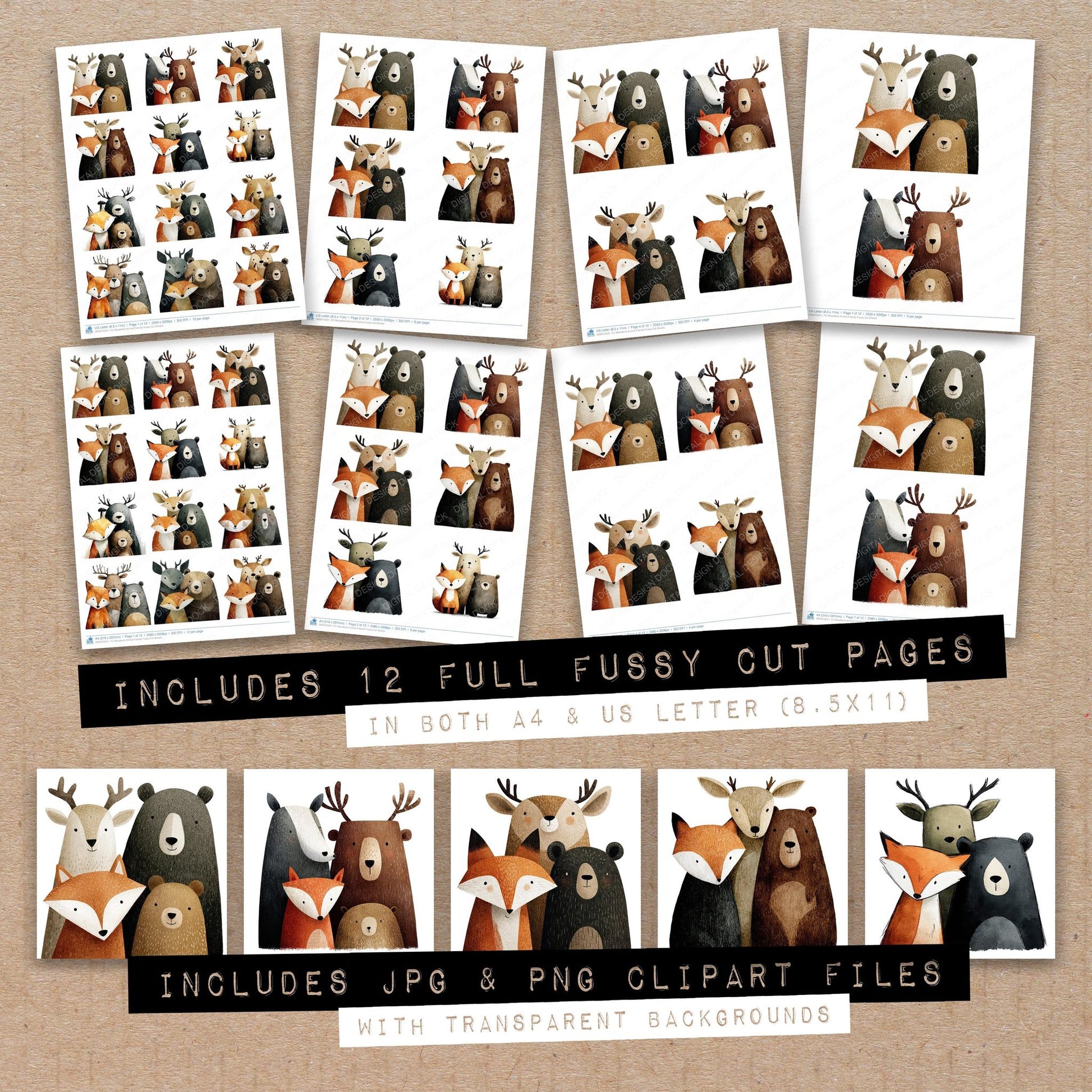 Full collection view of Woodland Animal Friends fussy cut sheets with bonus clipart JPG and PNG files
