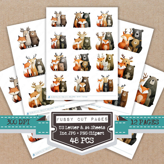 Woodland Animals Friends fussy cut printable sheets for junk journaling, scrapbooking, and paper craft projects