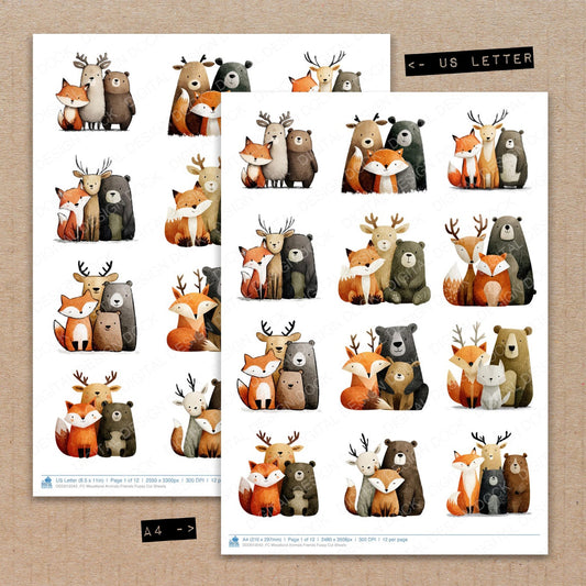A4 and US Letter format comparison showing Woodland Animals Friends fussy cut pages for print and cut crafting