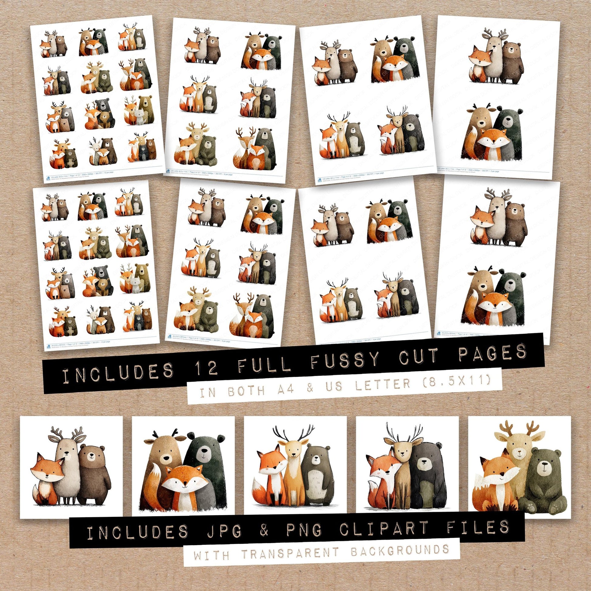 Full collection view of Woodland Animals Friends fussy cut sheets with bonus clipart JPG and PNG files