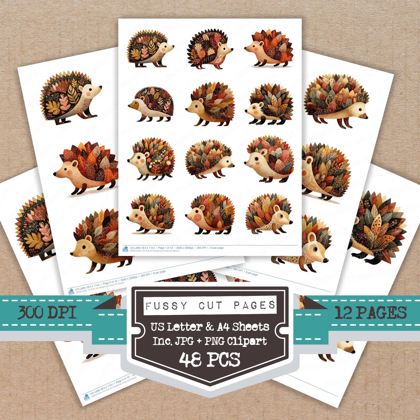 Folk Art Hedgehog fussy cut printable sheets for junk journaling, scrapbooking, and paper craft projects