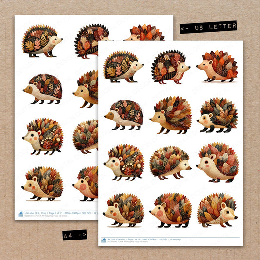 A4 and US Letter format comparison showing Folk Art Hedgehog fussy cut pages for print and cut crafting