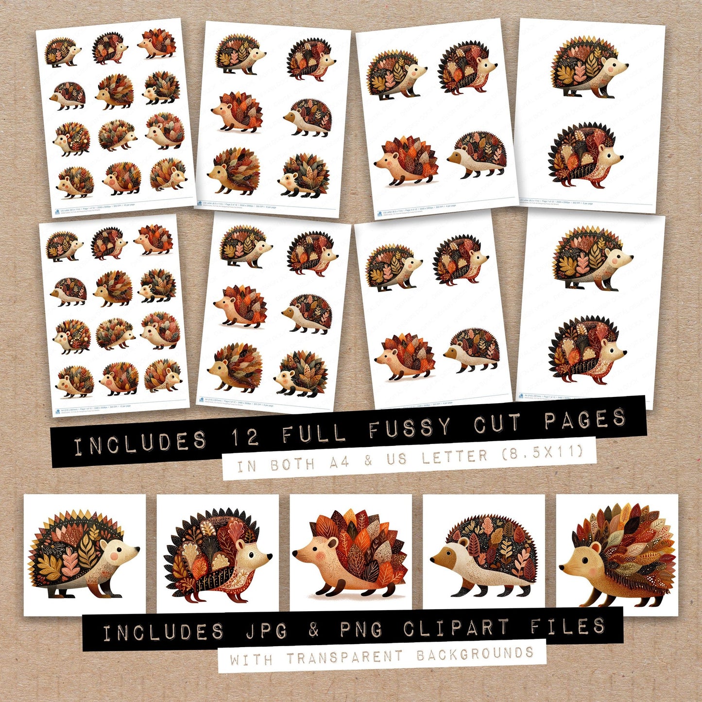 Full collection view of Folk Art Hedgehog fussy cut sheets with bonus clipart JPG and PNG files