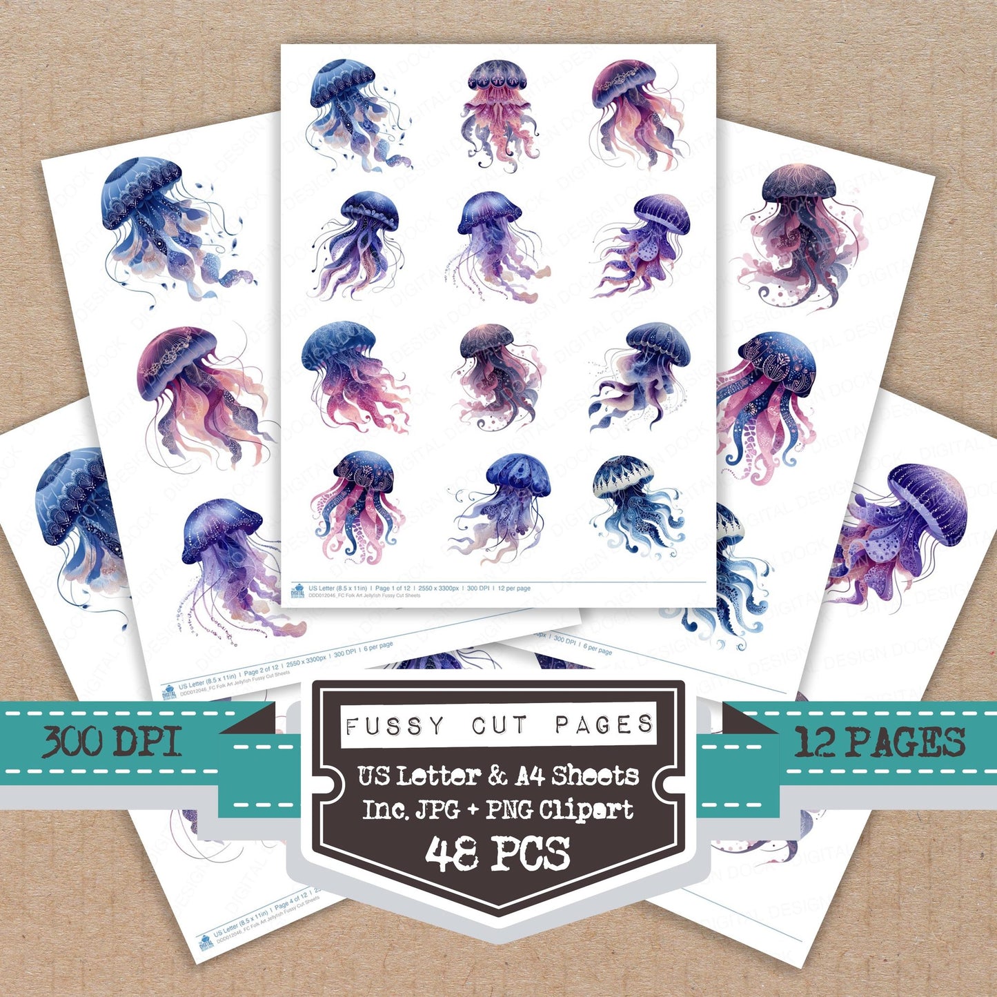 Folk Art Jellyfish fussy cut printable sheets for junk journaling, scrapbooking, and paper craft projects