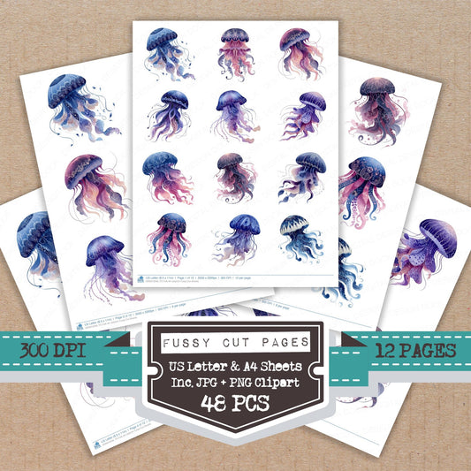 Folk Art Jellyfish fussy cut printable sheets for junk journaling, scrapbooking, and paper craft projects