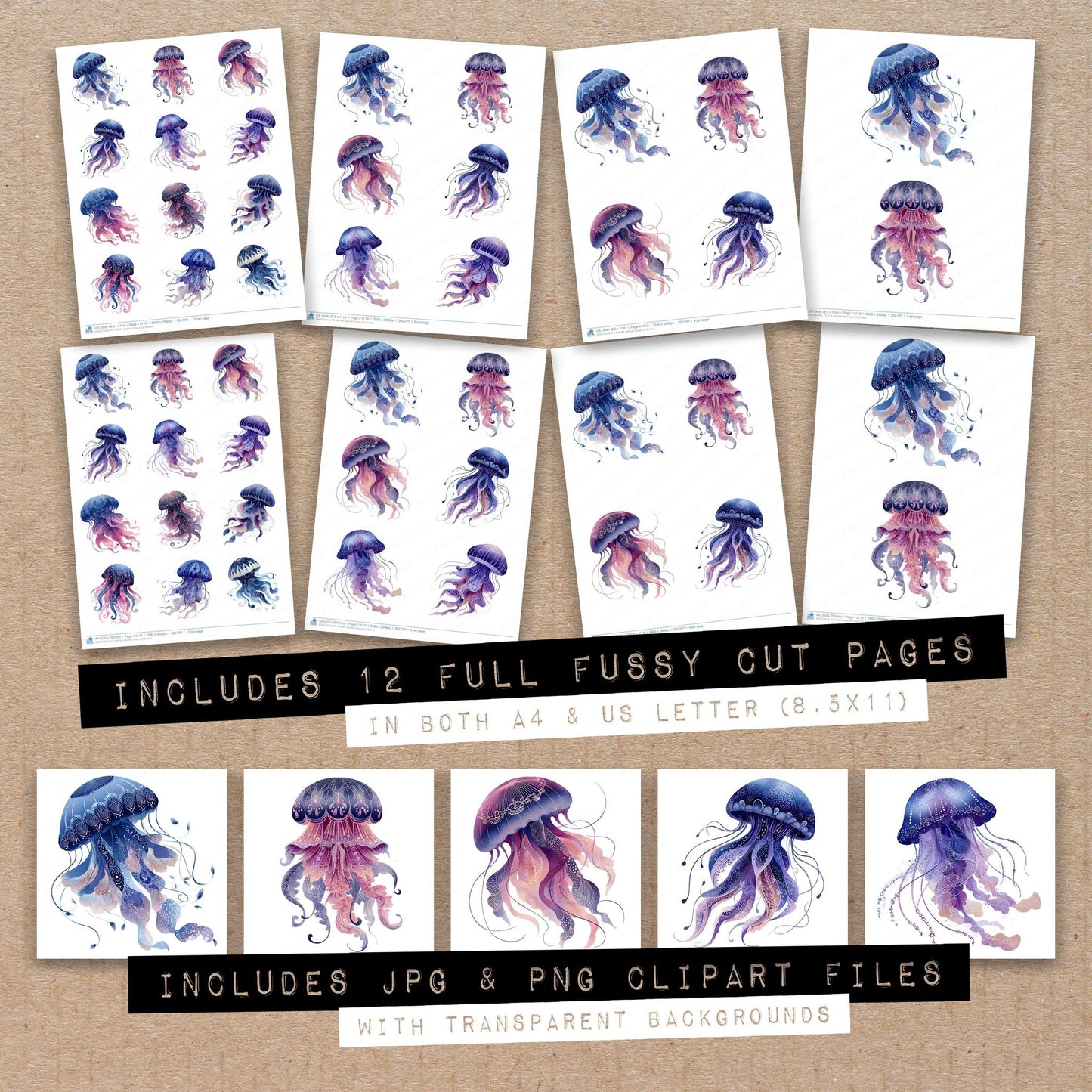 Full collection view of Folk Art Jellyfish fussy cut sheets with bonus clipart JPG and PNG files