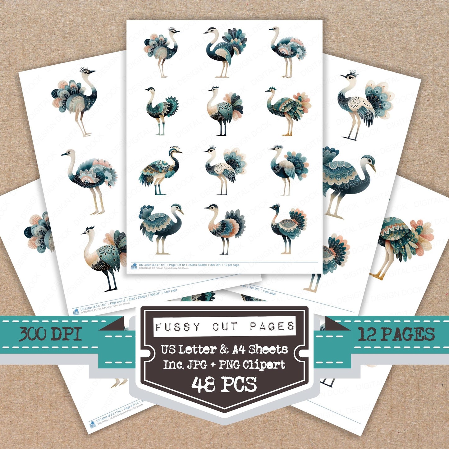 Folk Art Ostrich fussy cut printable sheets for junk journaling, scrapbooking, and paper craft projects
