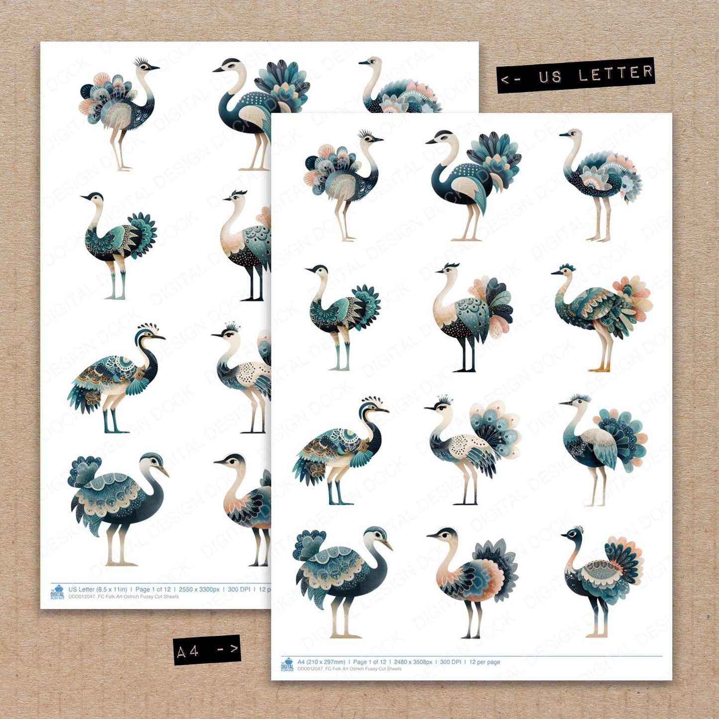 A4 and US Letter format comparison showing Folk Art Ostrich fussy cut pages for print and cut crafting