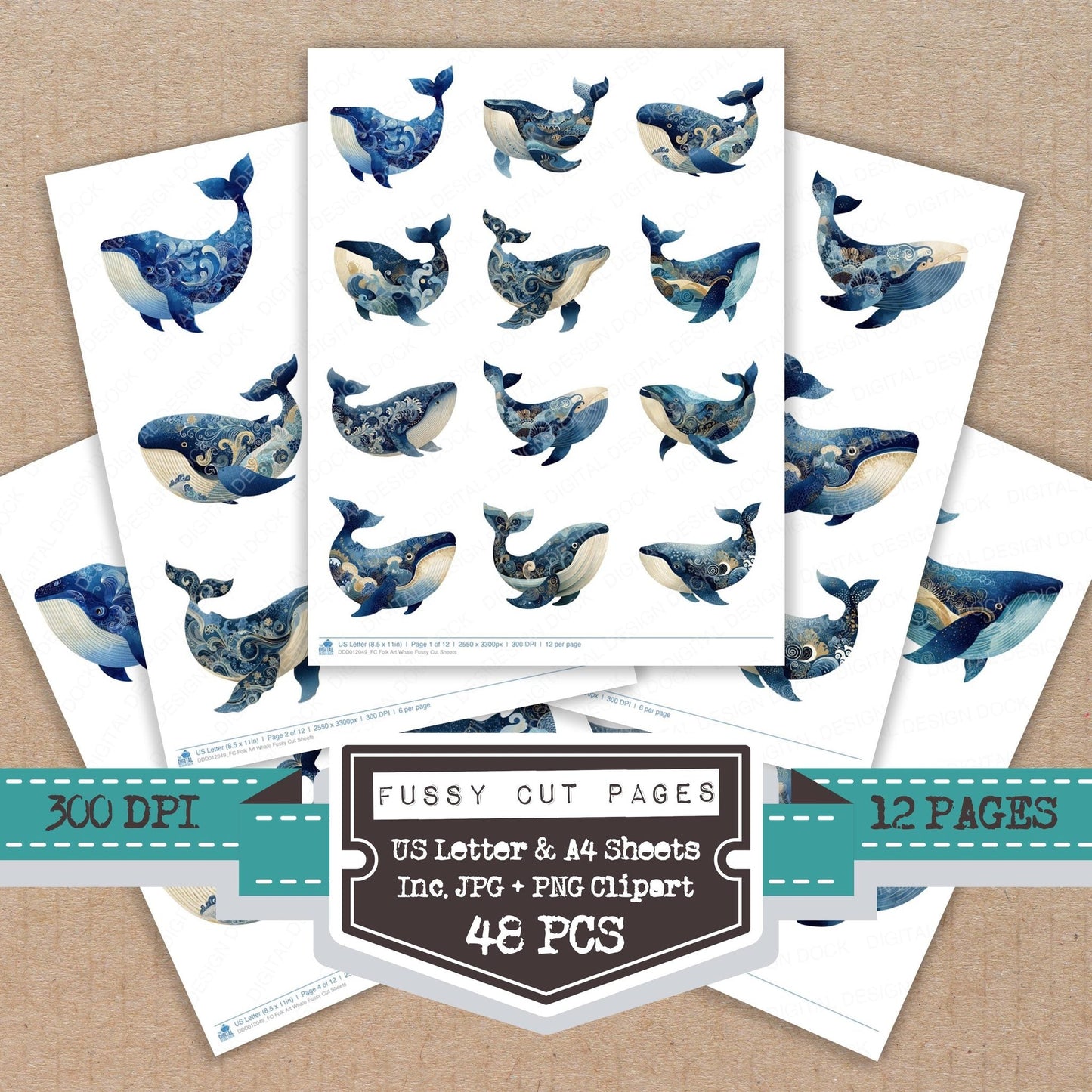 Folk Art Whale Fussy Cut Sheets (DDD012049)