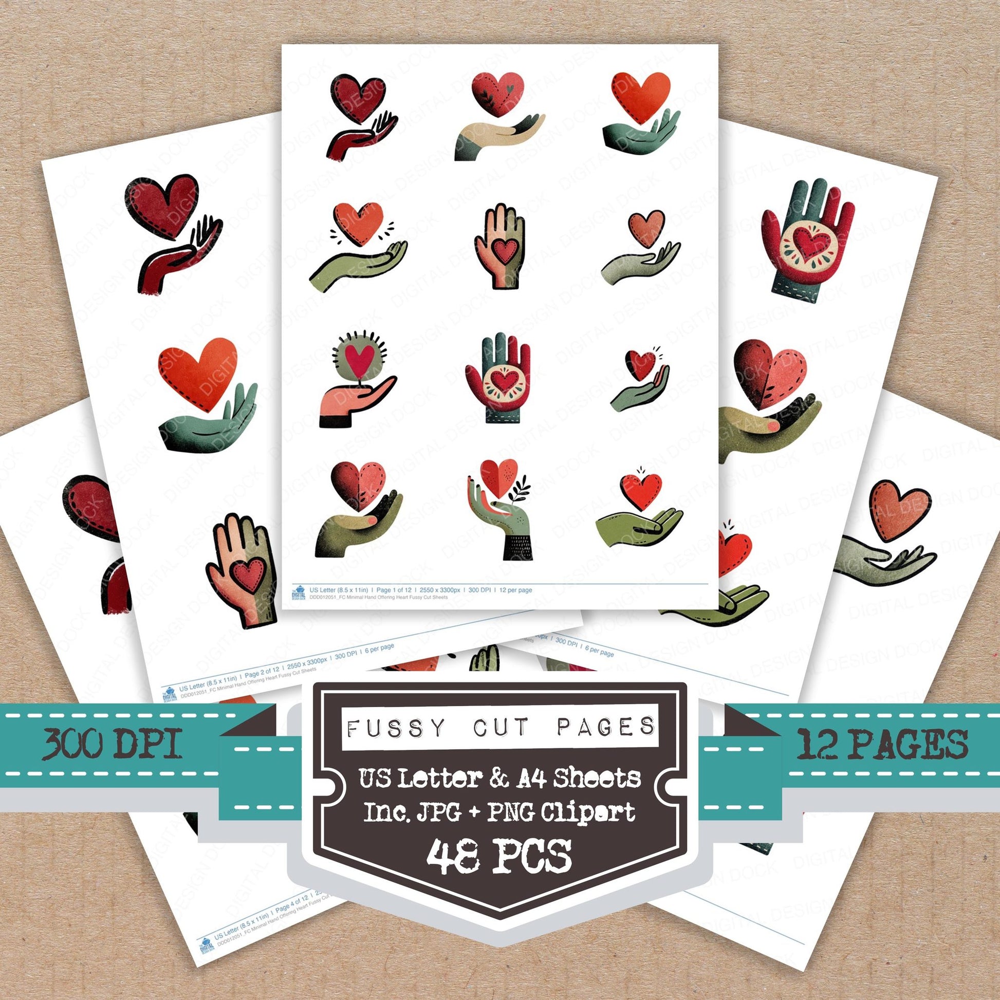 Minimal Hand Offering Heart fussy cut printable sheets for junk journaling, scrapbooking, and paper craft projects