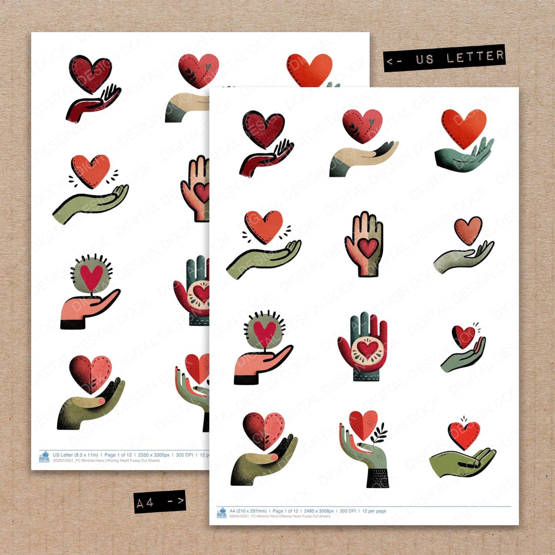 A4 and US Letter format comparison showing Minimal Hand Offering Heart fussy cut pages for print and cut crafting
