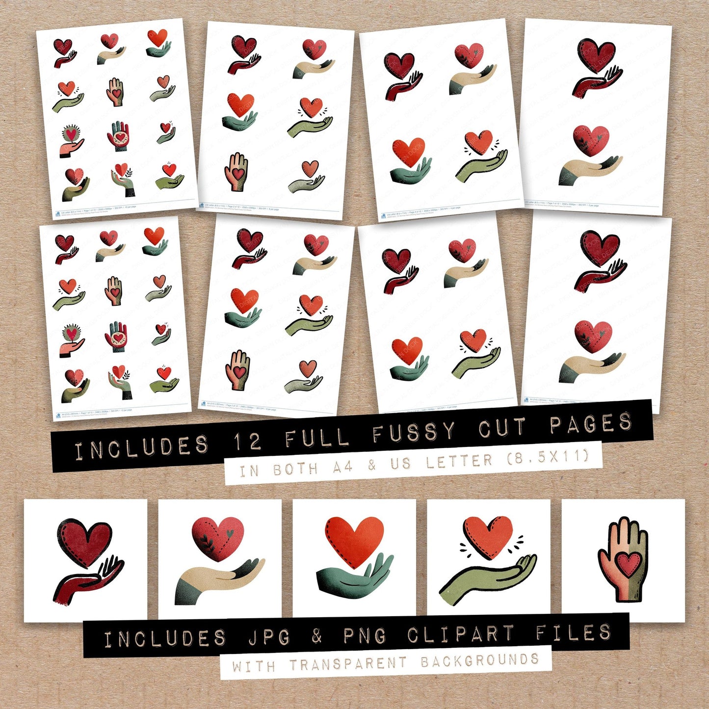 Full collection view of Minimal Hand Offering Heart fussy cut sheets with bonus clipart JPG and PNG files