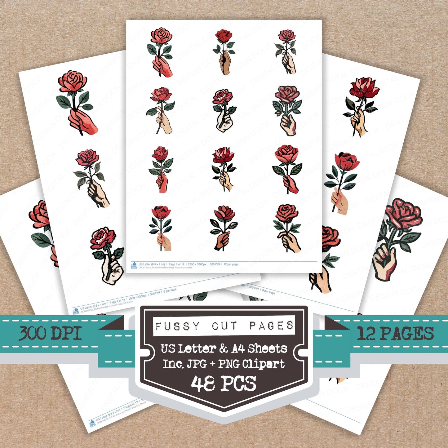Minimal Hand Rose fussy cut printable sheets for junk journaling, scrapbooking, and paper craft projects