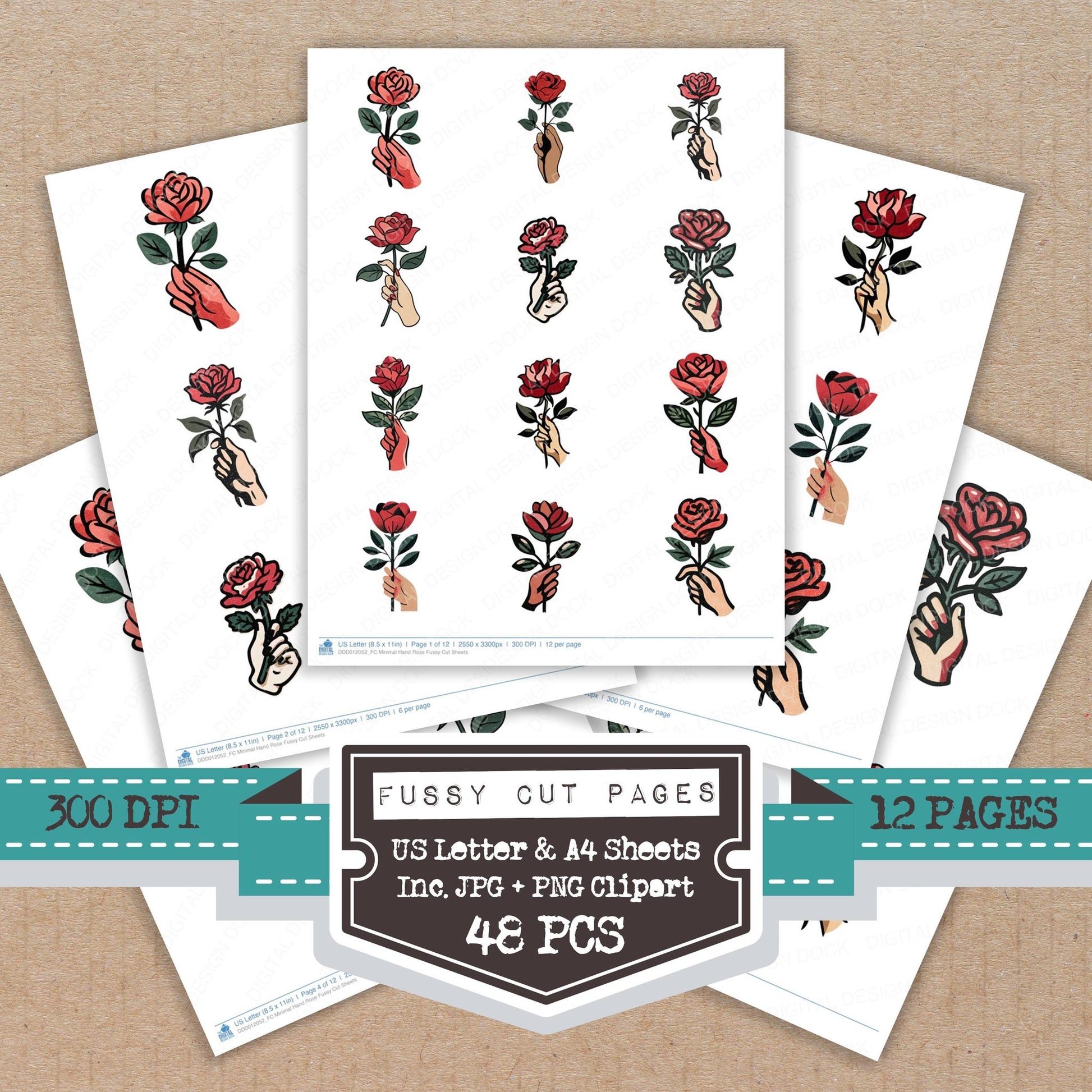 Minimal Hand Rose fussy cut printable sheets for junk journaling, scrapbooking, and paper craft projects