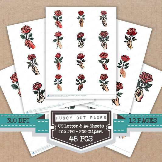 Minimal Hand Rose fussy cut printable sheets for junk journaling, scrapbooking, and paper craft projects