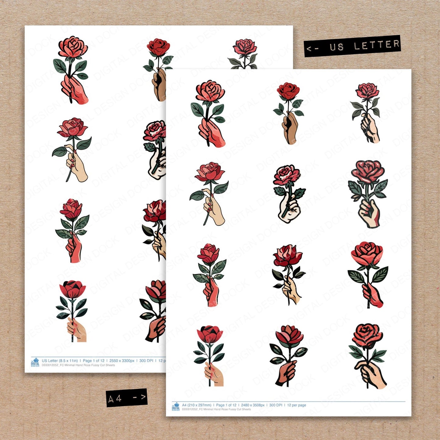 A4 and US Letter format comparison showing Minimal Hand Rose fussy cut pages for print and cut crafting