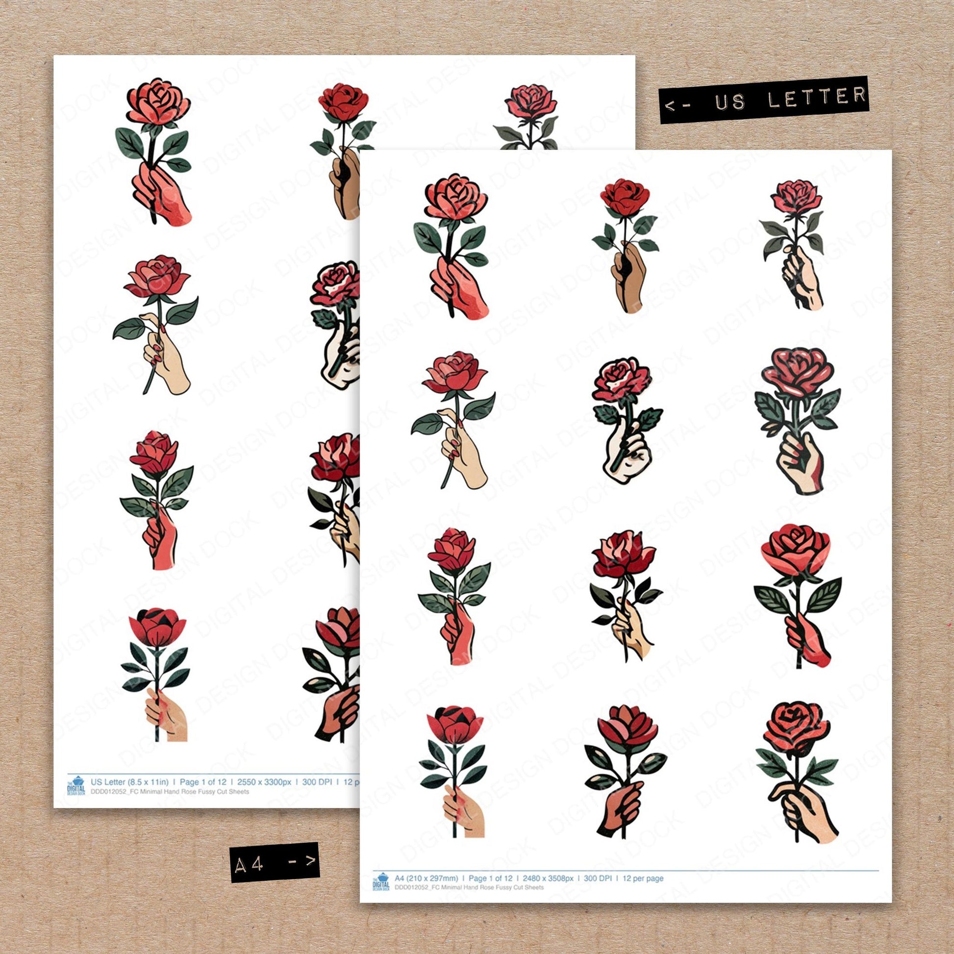 A4 and US Letter format comparison showing Minimal Hand Rose fussy cut pages for print and cut crafting