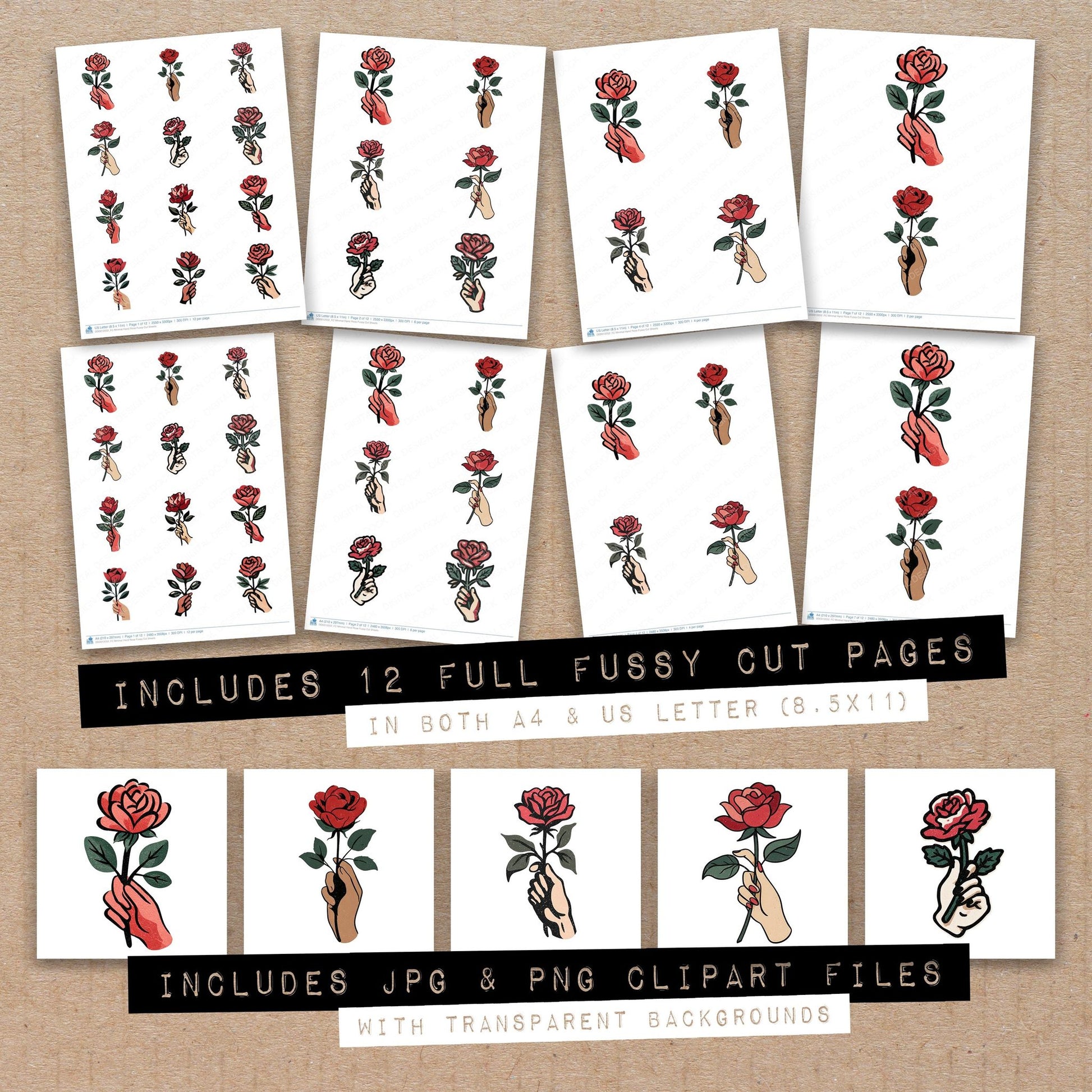 Full collection view of Minimal Hand Rose fussy cut sheets with bonus clipart JPG and PNG files