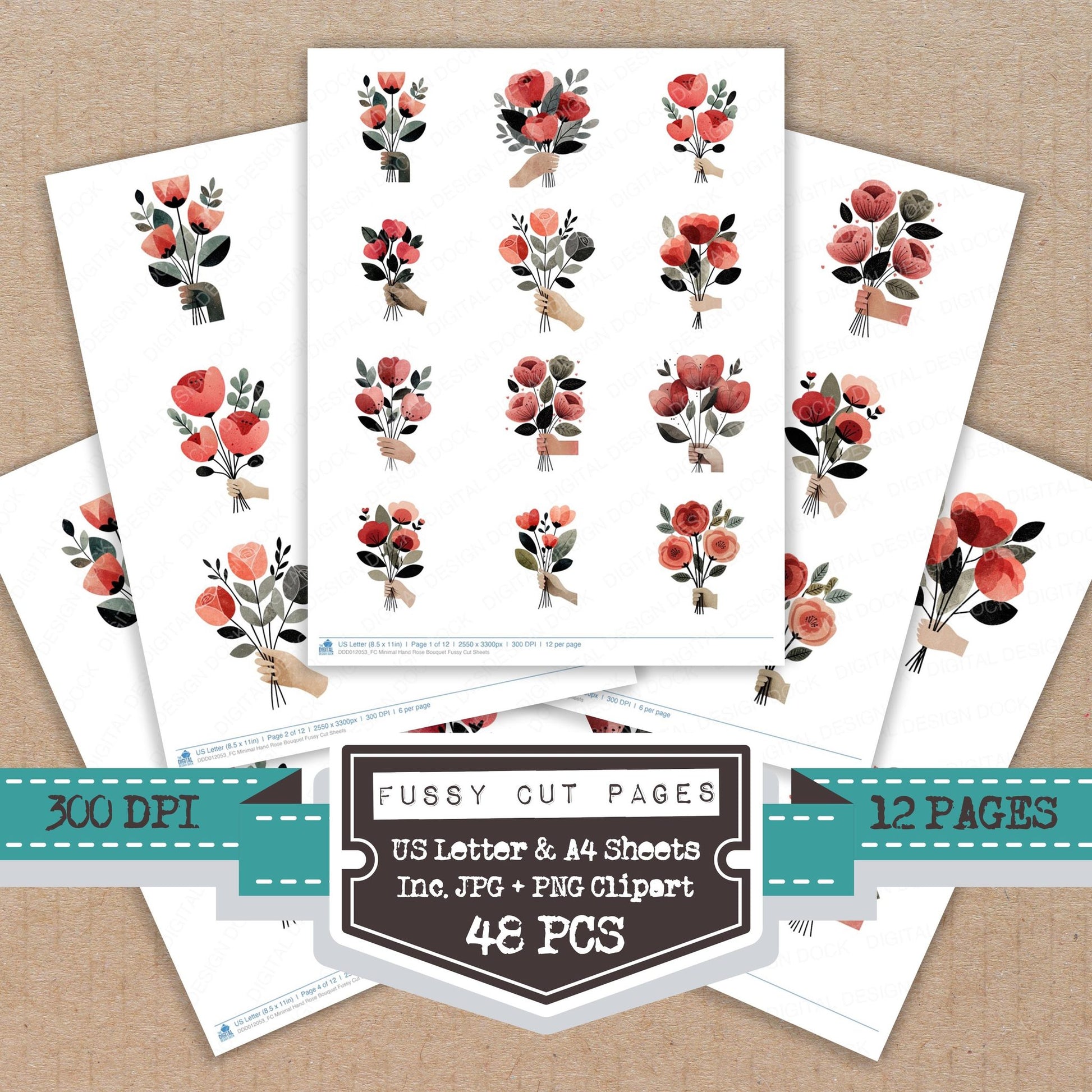 Minimal Hand Rose Bouquet fussy cut printable sheets for junk journaling, scrapbooking, and paper craft projects