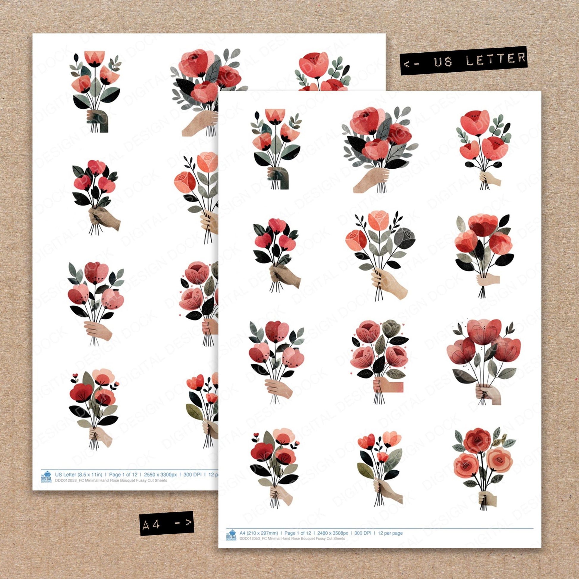 A4 and US Letter format comparison showing Minimal Hand Rose Bouquet fussy cut pages for print and cut crafting