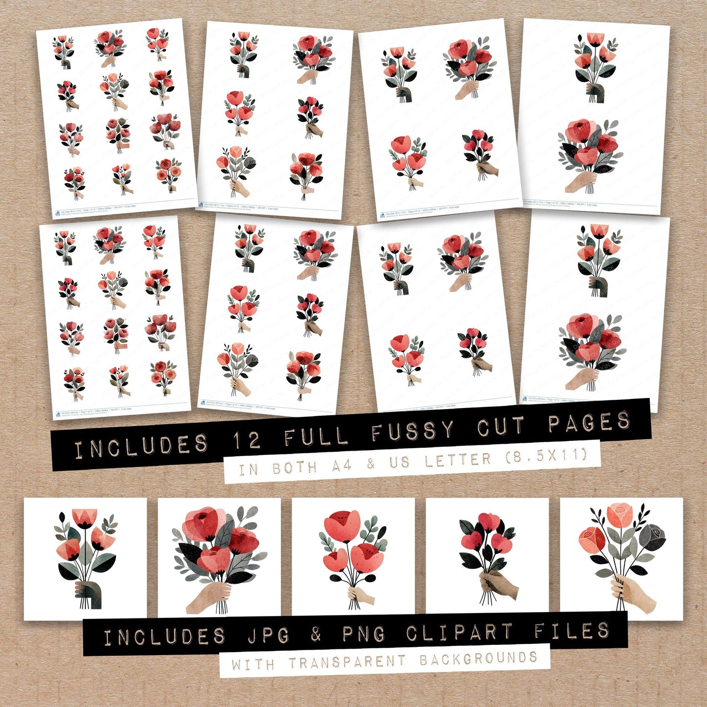 Full collection view of Minimal Hand Rose Bouquet fussy cut sheets with bonus clipart JPG and PNG files