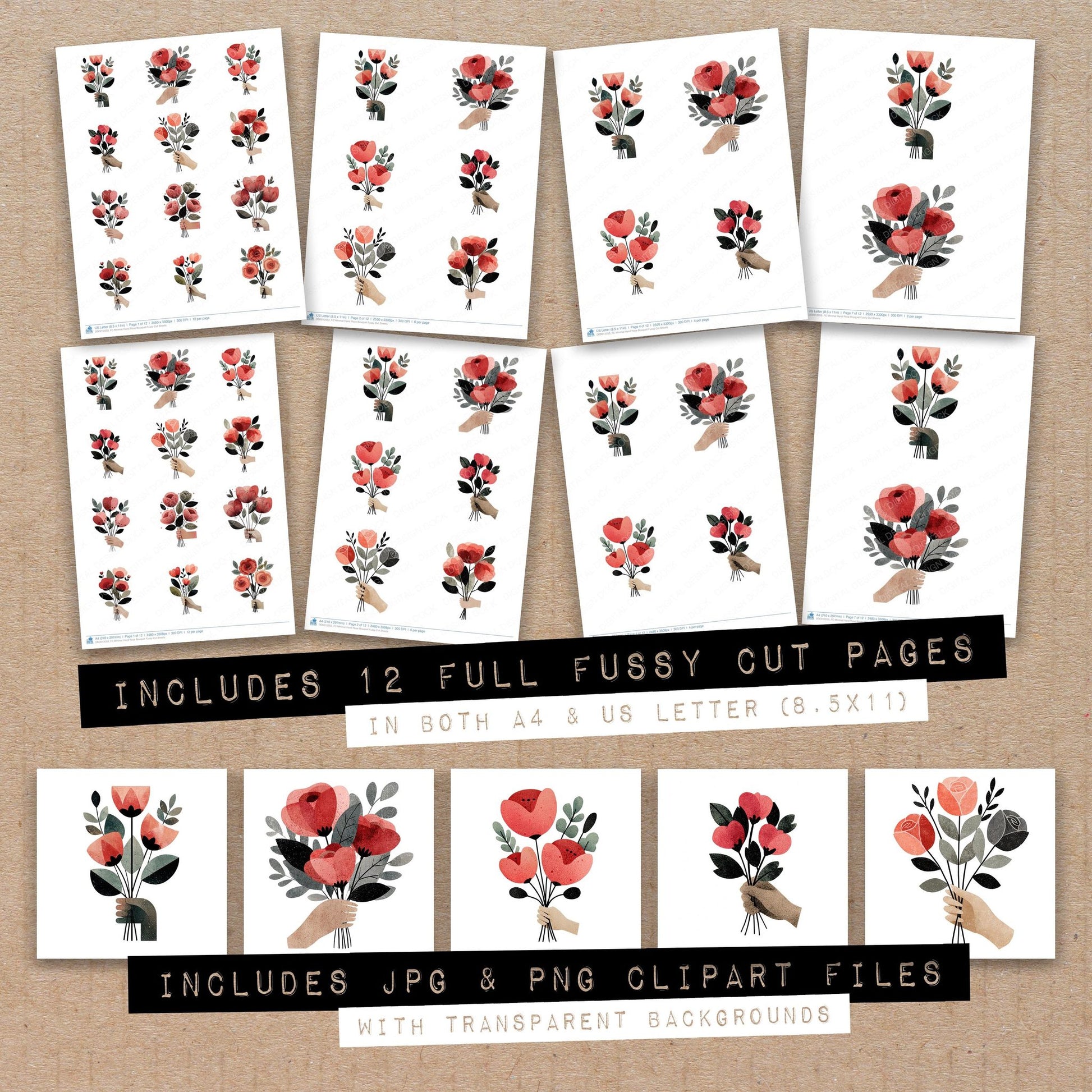 Full collection view of Minimal Hand Rose Bouquet fussy cut sheets with bonus clipart JPG and PNG files