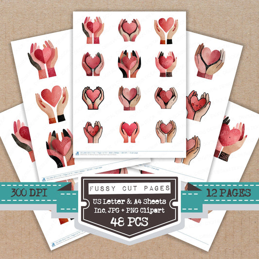 Minimal Hands Holding Heart fussy cut printable sheets for junk journaling, scrapbooking, and paper craft projects