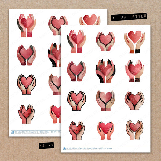 A4 and US Letter format comparison showing Minimal Hands Holding Heart fussy cut pages for print and cut crafting