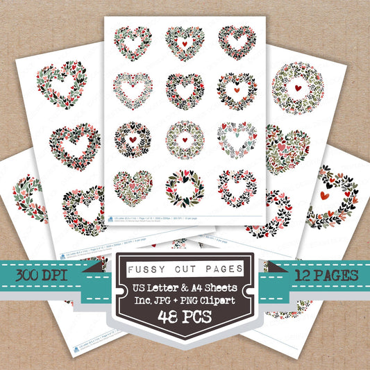Minimal Heart Wreath fussy cut printable sheets for junk journaling, scrapbooking, and paper craft projects